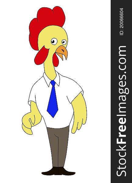 Illustration of a cartoon rooster chicken standing acting surprise with necktie on isolated white background. Illustration of a cartoon rooster chicken standing acting surprise with necktie on isolated white background