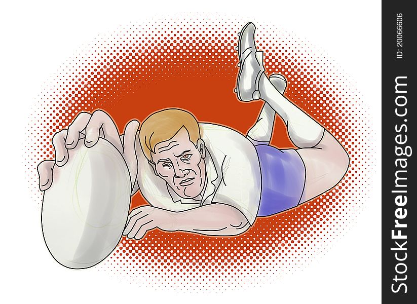 Illustration of a rugby player scoring a try with halftone dots on isolated background