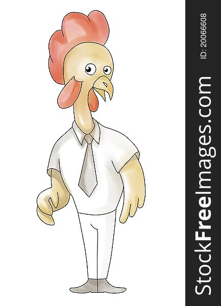 Illustration of a cartoon rooster chicken standing acting surprise with necktie on isolated white background