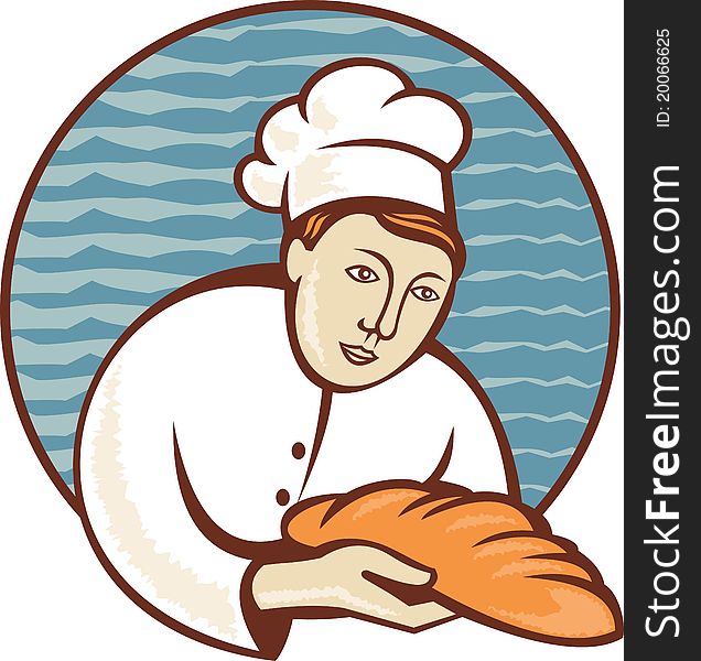 Illustration of a baker chef cook holding a loaf of bread set inside circle done in retro style. Illustration of a baker chef cook holding a loaf of bread set inside circle done in retro style.