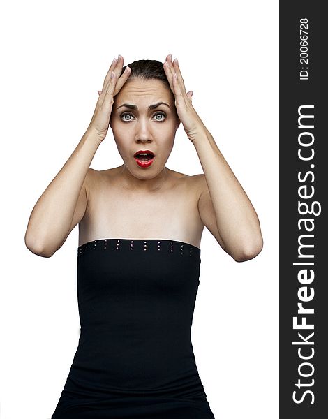 Shocked sad woman holds head with hands, isolated on white. Shocked sad woman holds head with hands, isolated on white