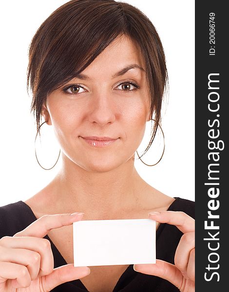 Beautiful young woman holding blank business card