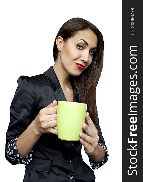 Pretty businesswoman with a cup of tea or coffee