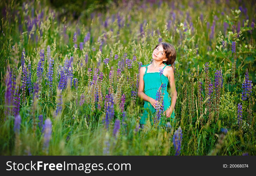 Little girl in the field with flowers