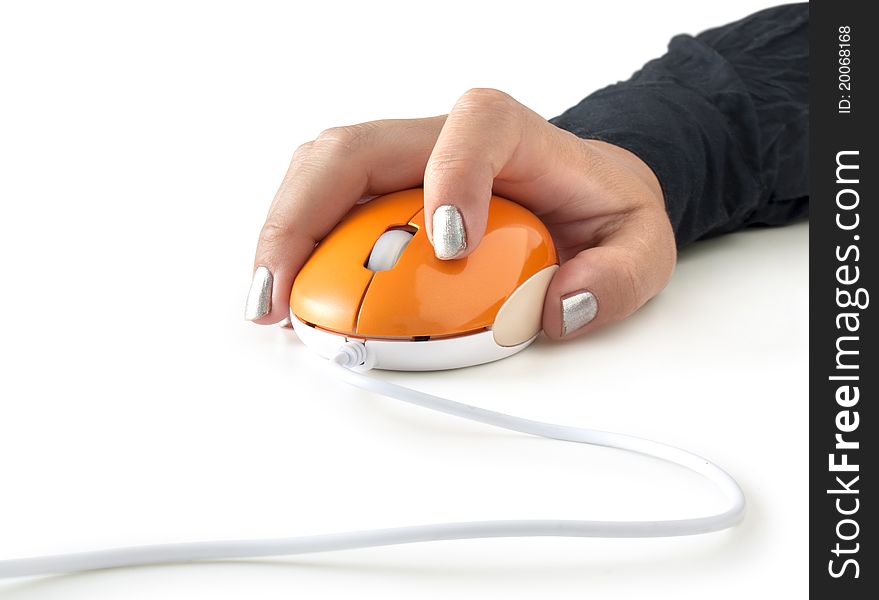 Computer mouse in hand isolated on white