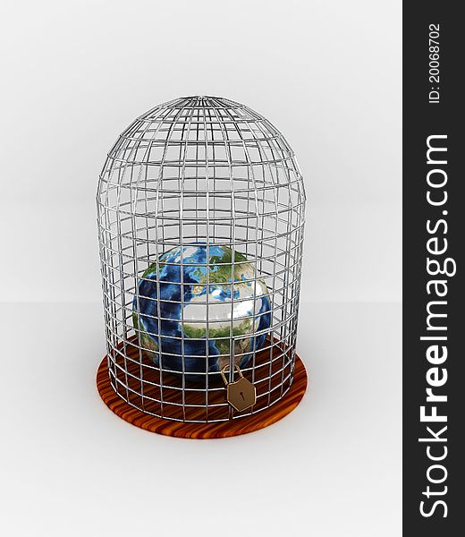 Earth in cage isolated on white background. 3D