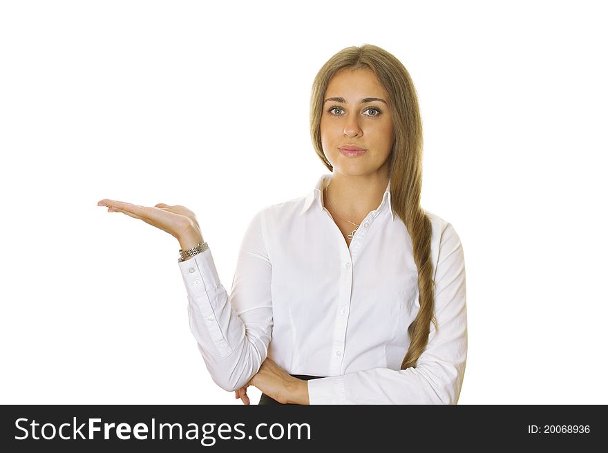 Close up of attractive, modern business woman gestures shows prezentuetyu isolated on white background. Close up of attractive, modern business woman gestures shows prezentuetyu isolated on white background