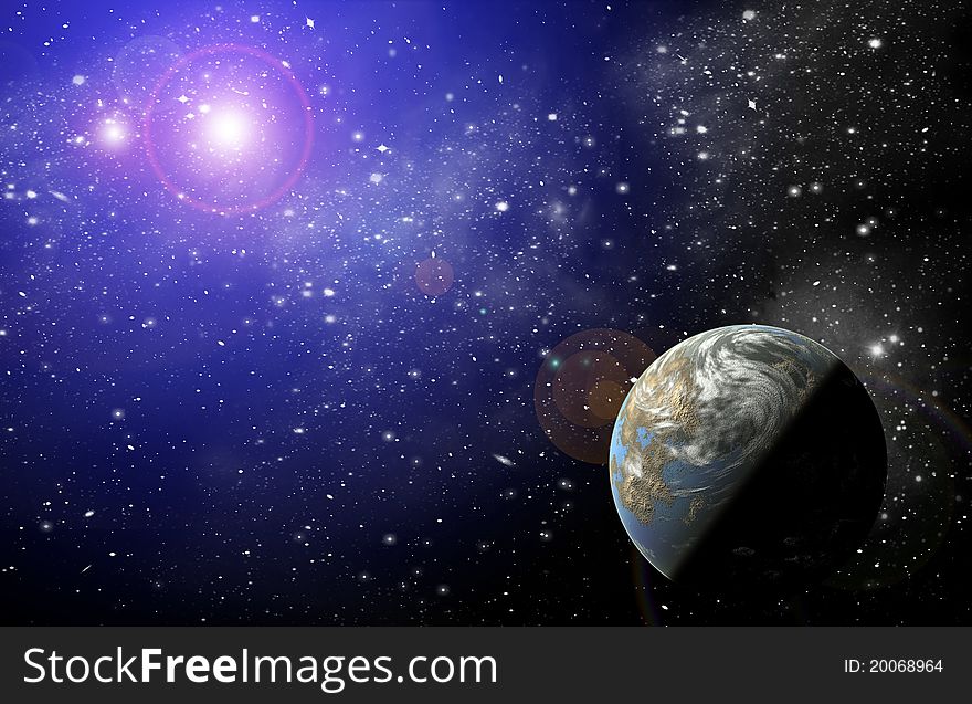 Planet in space in the star sky of flash, light