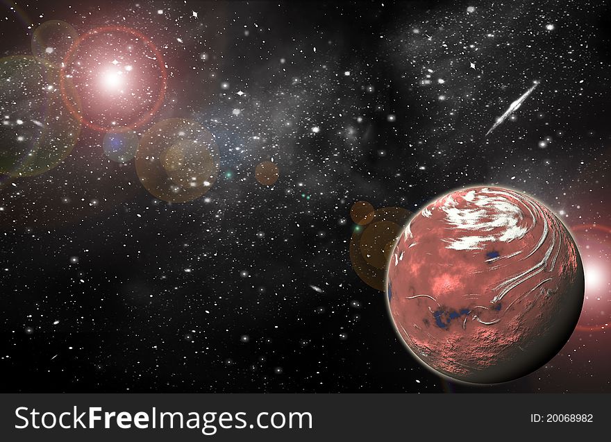 Red Planet in space in the star sky of flash, light