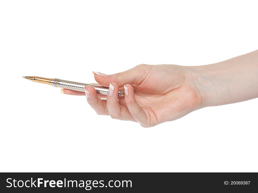 Woman hand gives pen