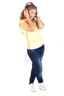 Cheerful Caucasian Woman Listening Stock Photo Cheerful Caucasian Woman Listening Stock Photo