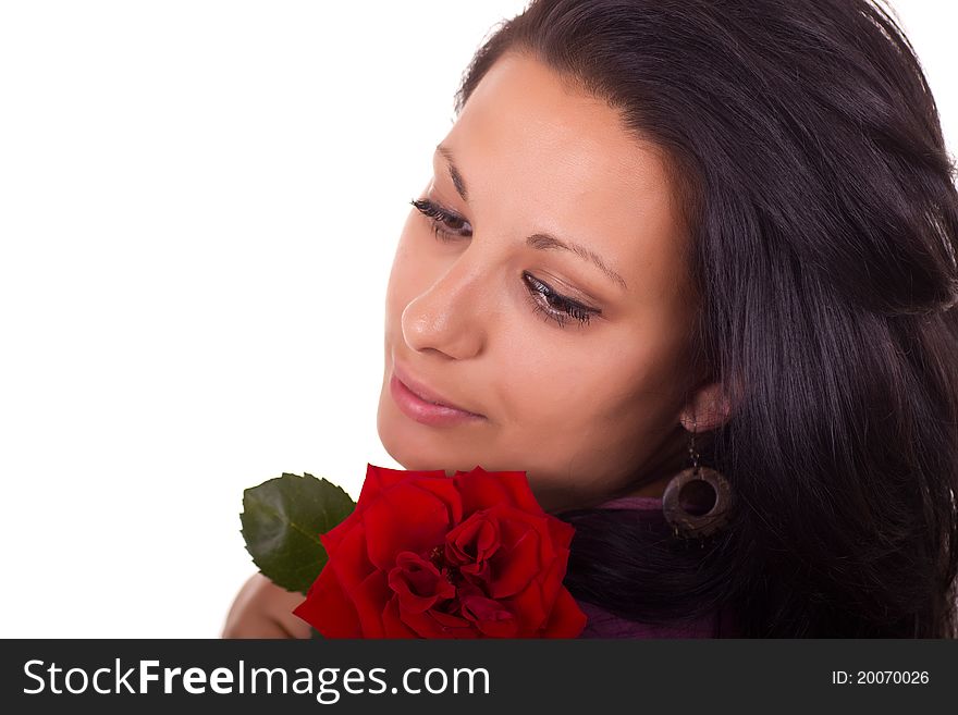 Beautiful young woman with red roses isolated on white. Beautiful young woman with red roses isolated on white