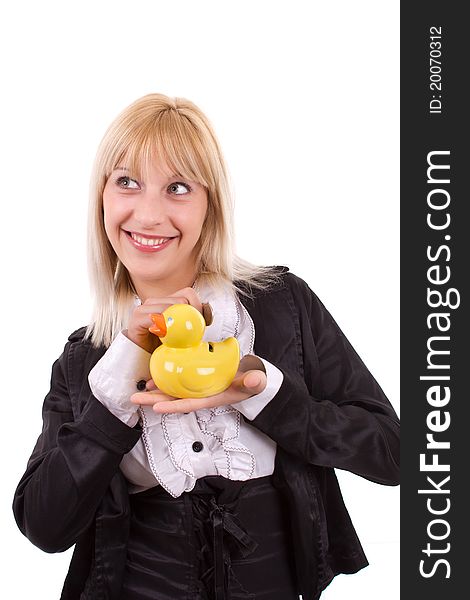 Blonde woman with money box. Blonde woman with money box