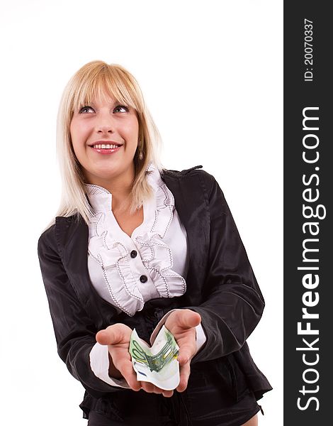 Happy young female holding cash