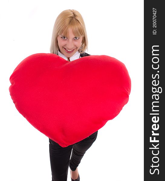 Woman holds big red heart. Woman holds big red heart