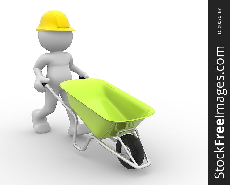 3d people - human character with wheelbarrow. 3d render illustration