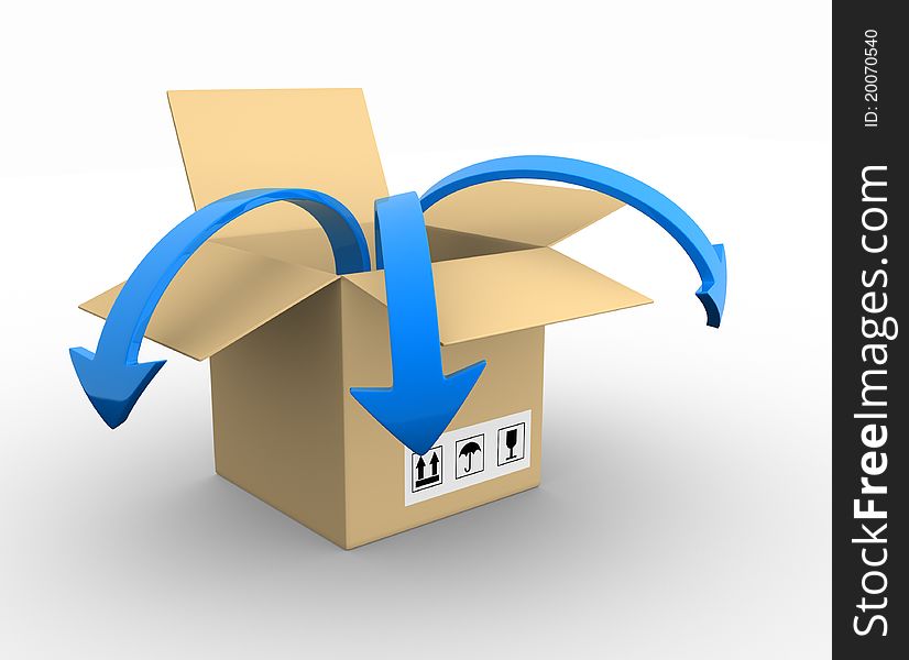 Open box with blue arrow - 3d render illustration. Open box with blue arrow - 3d render illustration
