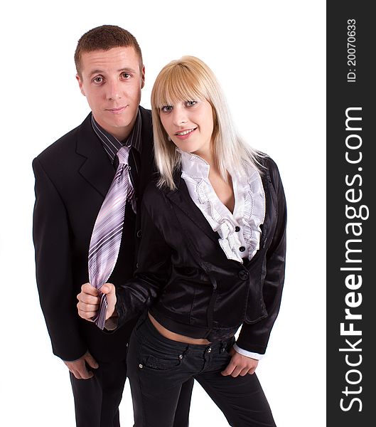 Woman pulls tie worried man. Woman pulls tie worried man