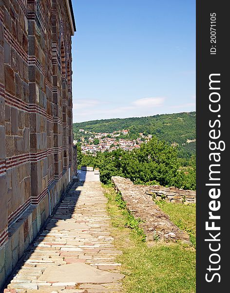 Trapezista church wall and Veliko Tarnovo city in  far view. Trapezista church wall and Veliko Tarnovo city in  far view