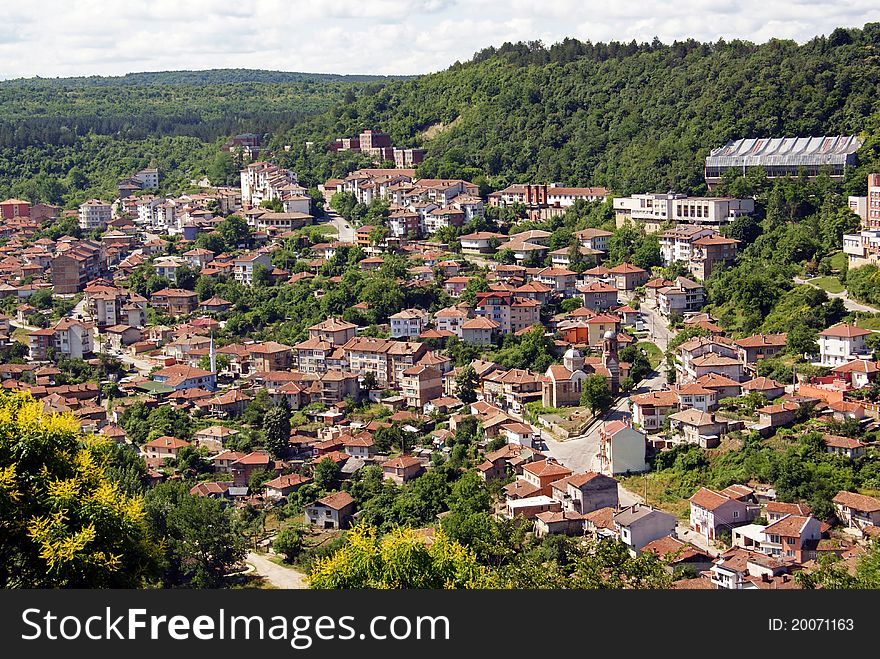 Nort part of Veliko Tarnovo - the former capital of Bulgaria - aerial panorama from Trapezista ancient citadel. Nort part of Veliko Tarnovo - the former capital of Bulgaria - aerial panorama from Trapezista ancient citadel
