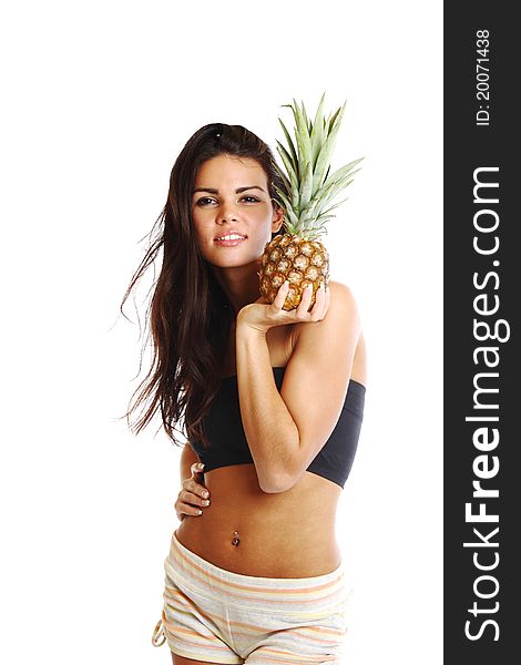 Woman take pineapple in hands isolated on white. Woman take pineapple in hands isolated on white