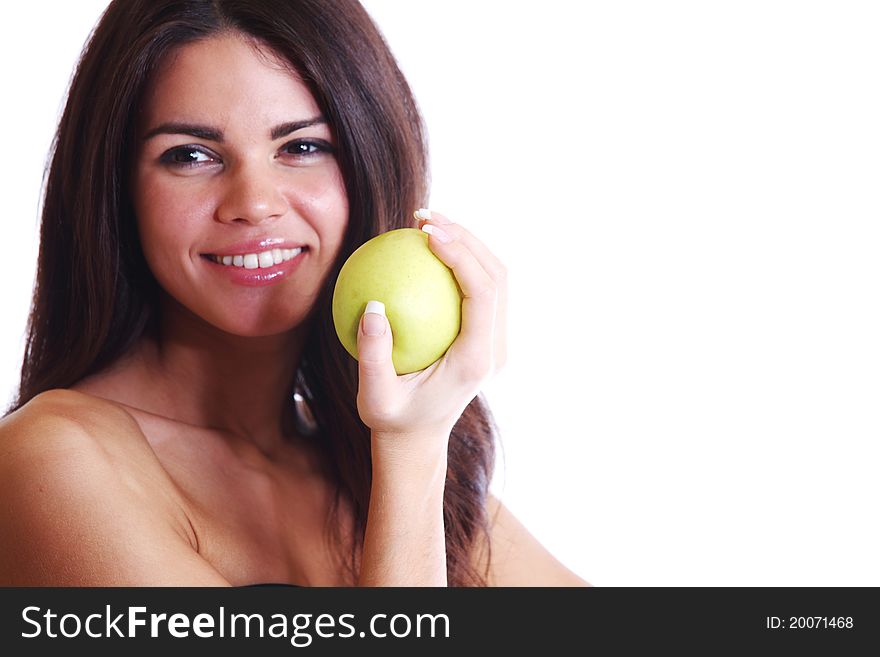 Woman hold apple in hands isolated on white. Woman hold apple in hands isolated on white