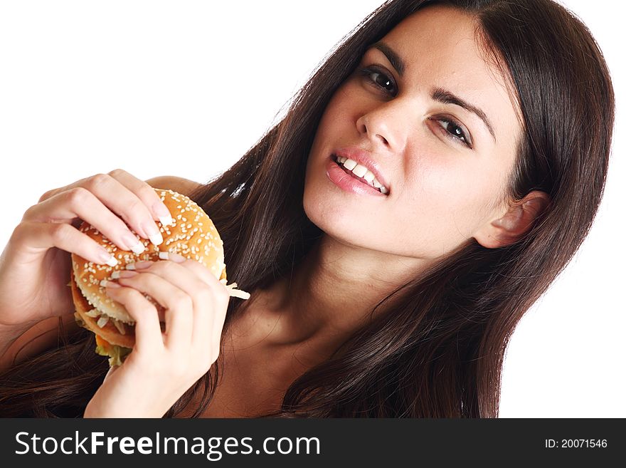 Woman eat burger isolated on white background