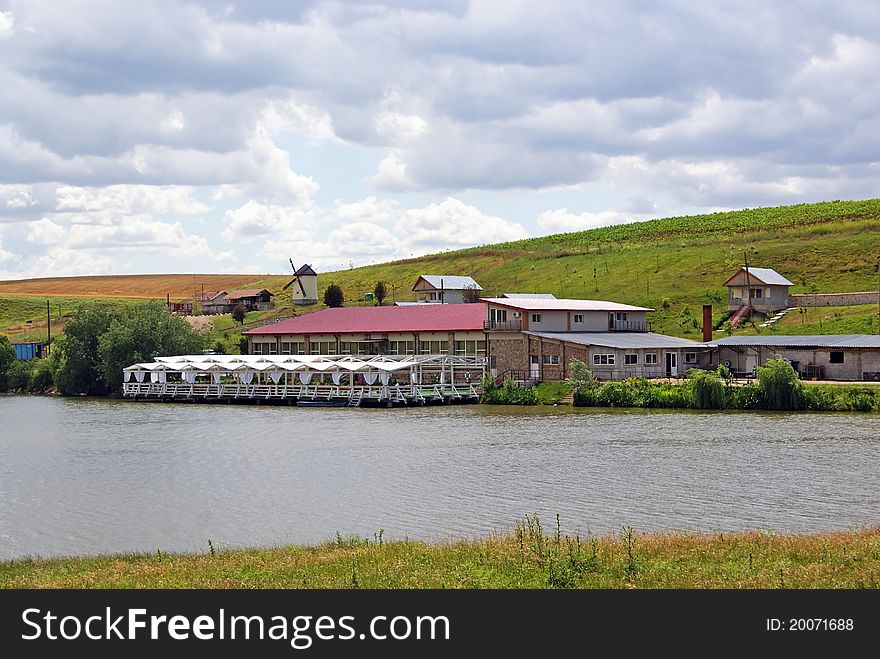 Lake terrace and restaurant near the hill. Lake terrace and restaurant near the hill