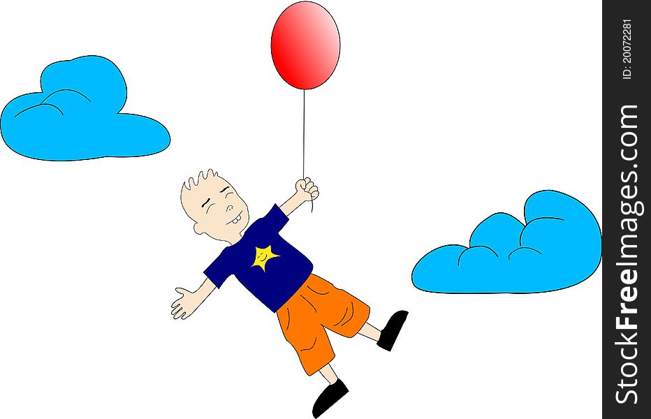 Kid with red balloon goes up in the air.