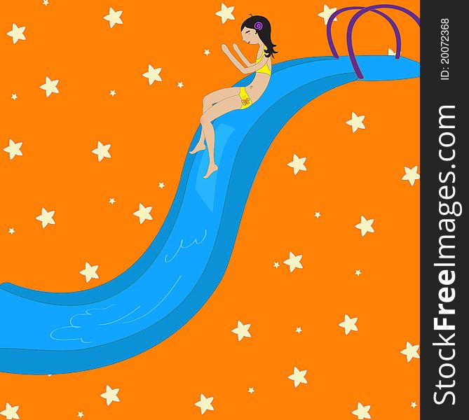 Vector Illustration of funny Kiddie style design summer background with Attractive girl on the waterslide