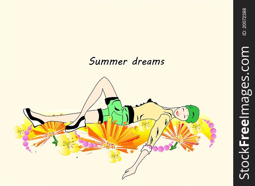 Girl relaxing on summer cover from flowers. Girl relaxing on summer cover from flowers