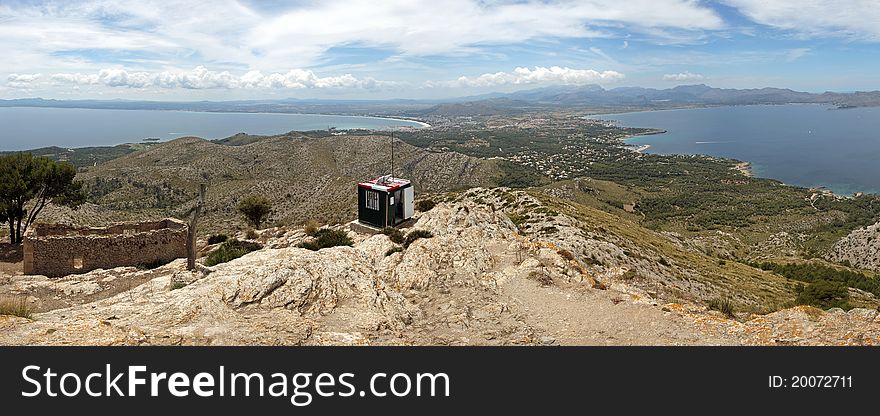 Panoramic view from highest point of La Victoria peninsula at bays of Alcudia and Pollenca.