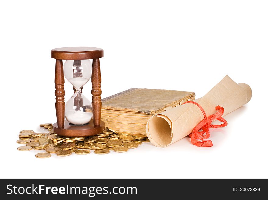 Hourglasses and book isolated on white background