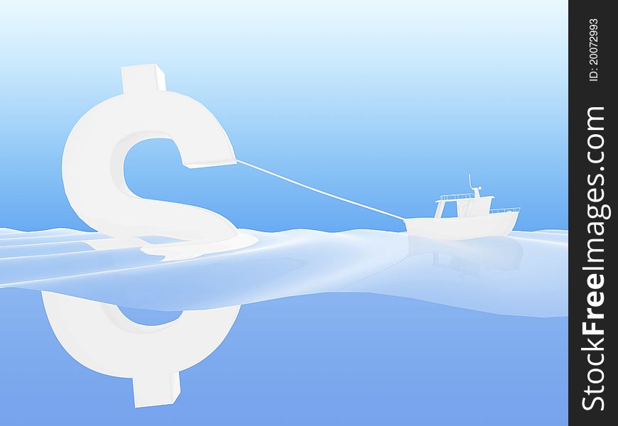 Dollar and boat on a blue background
