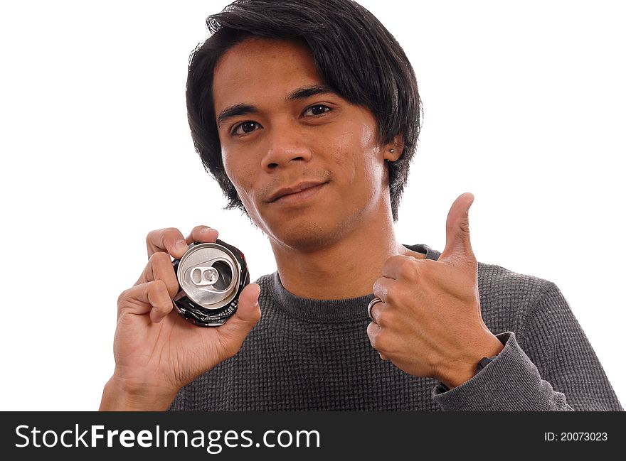 Man With Crushed Can For Recycling. Man With Crushed Can For Recycling