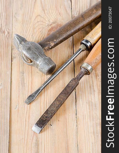 The set building tools on old boards still life