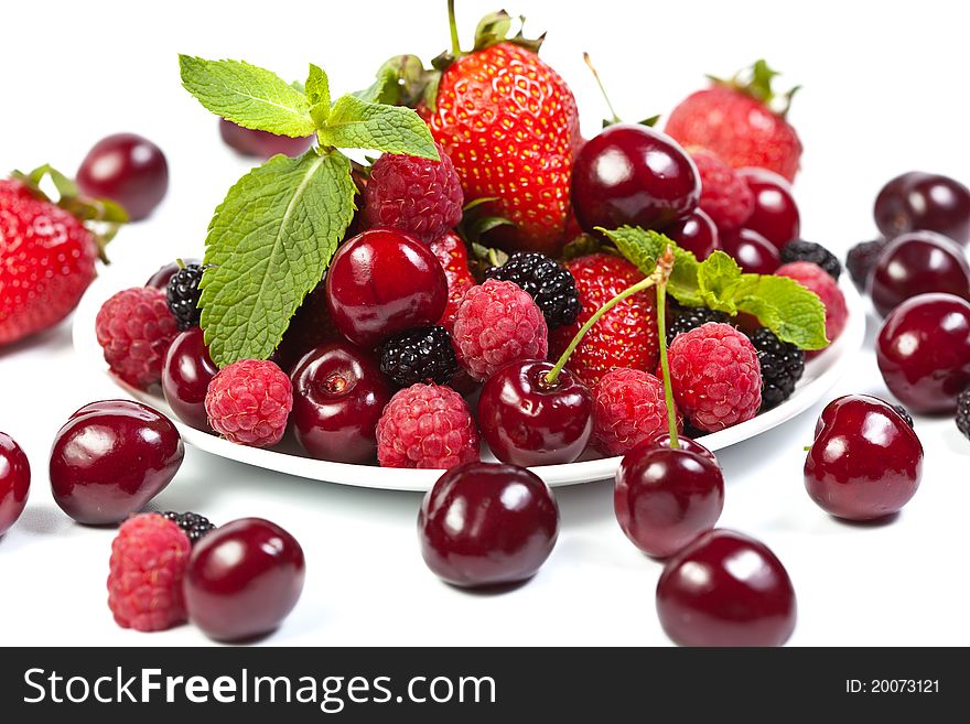 Mulberry, strawberry, raspberry, cherry on white background. Mulberry, strawberry, raspberry, cherry on white background
