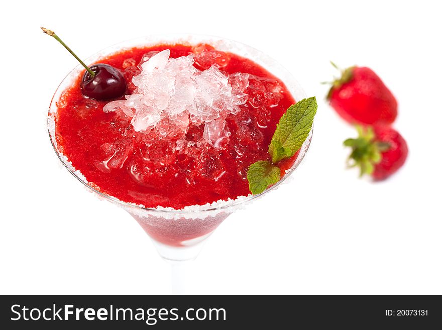 Strawberry smoothie on a white background with mint and cherry