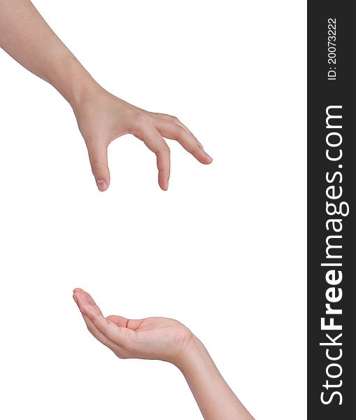 Woman hand giving over white