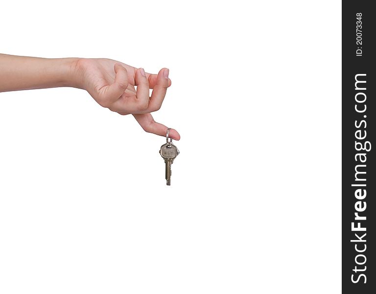 Human hand and key isolated on white background