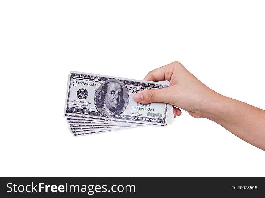 Hand holding dollars isolated on white background. Hand holding dollars isolated on white background