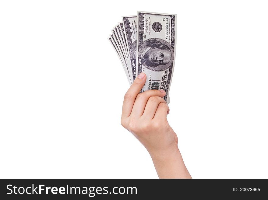 Hand holding dollars isolated on white background. Hand holding dollars isolated on white background