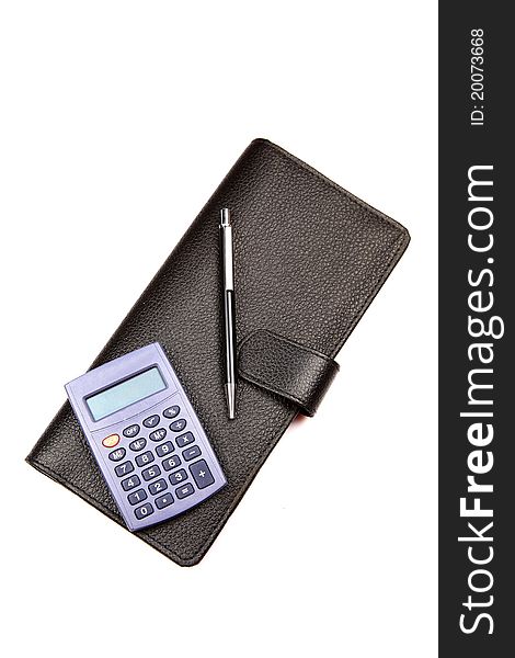 Leather wallet with calculator and pen over white background. Leather wallet with calculator and pen over white background.