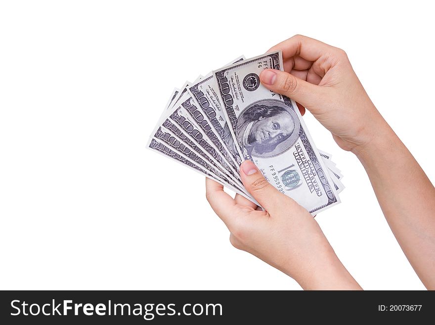 Hand holding dollars isolated on white background. Hand holding dollars isolated on white background