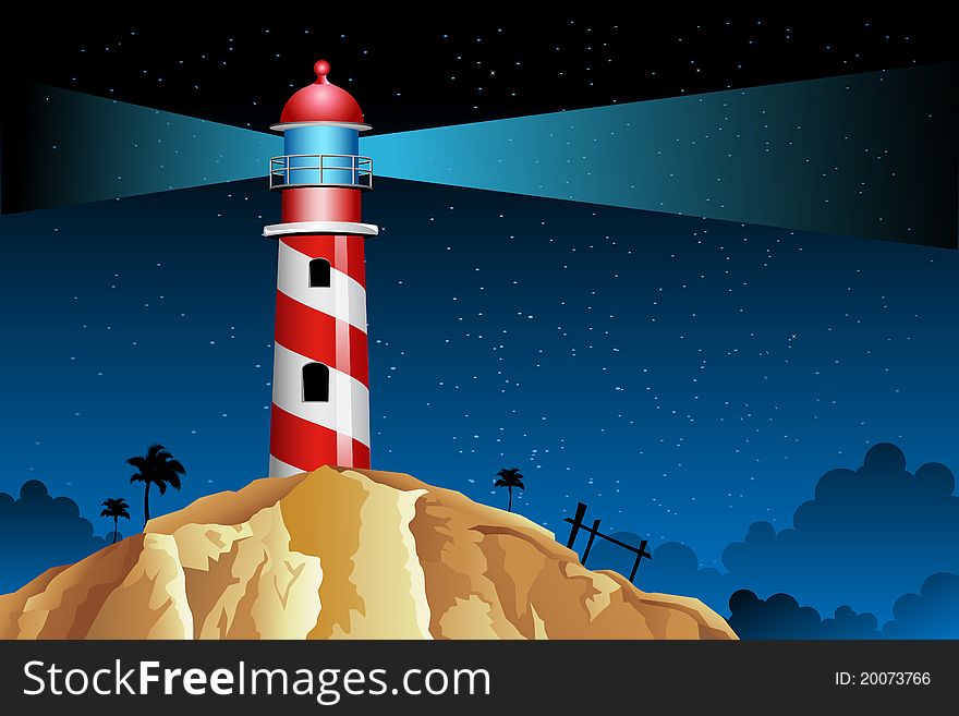 Illustration of rays coming out from lighthouse in night. Illustration of rays coming out from lighthouse in night