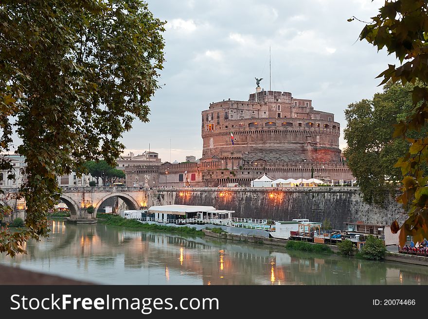 Evening view at the Angelo Castle in Rome, Italy
