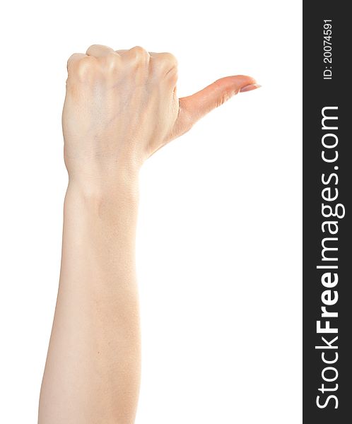 Woman hand pointing right with a thumb