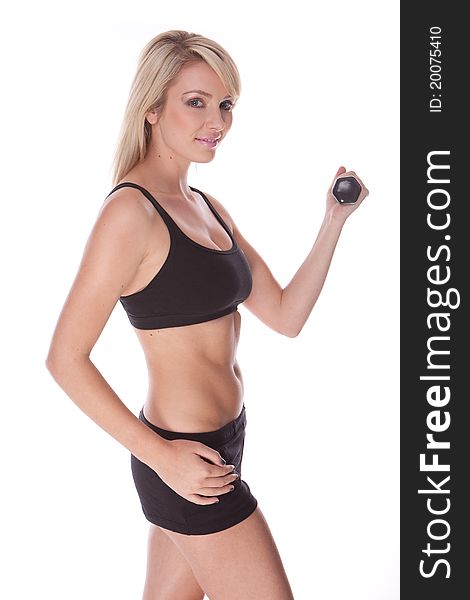 Fitness blonde woman on white background