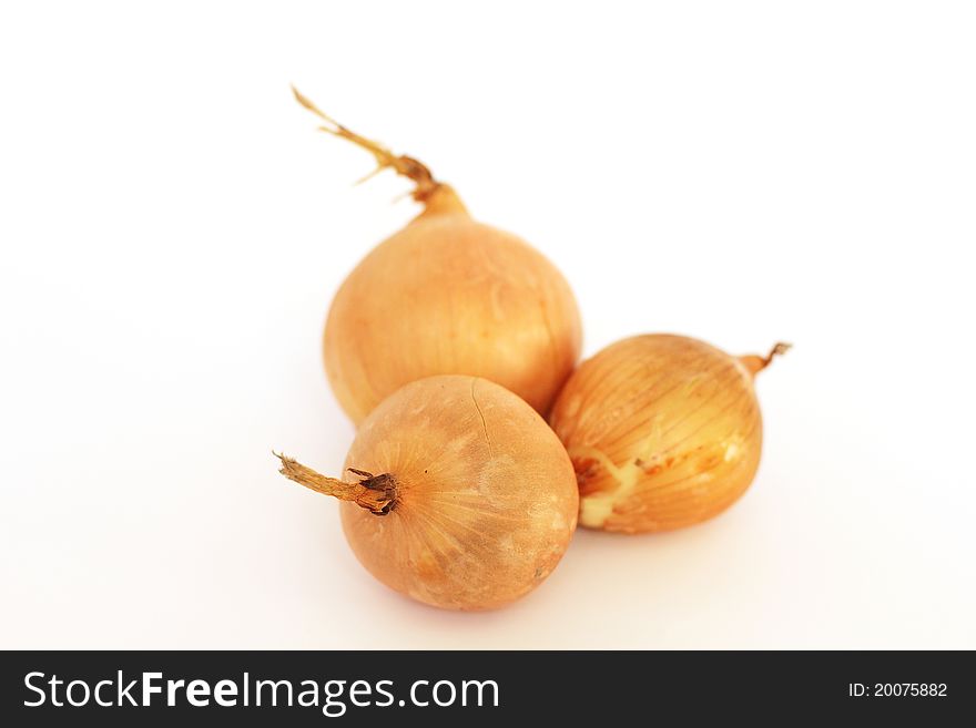 Three onions on a white background