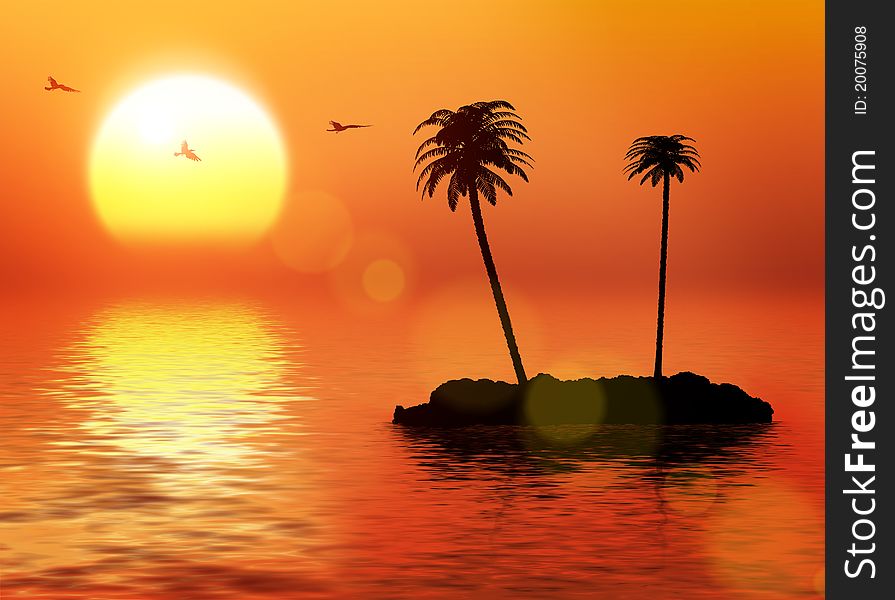 Desert island with palms into ocean / travel background